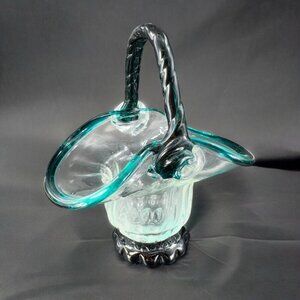 Hand Blown Glass Basket Bowl With Dark Green Edges Handle And Clear Center VTG